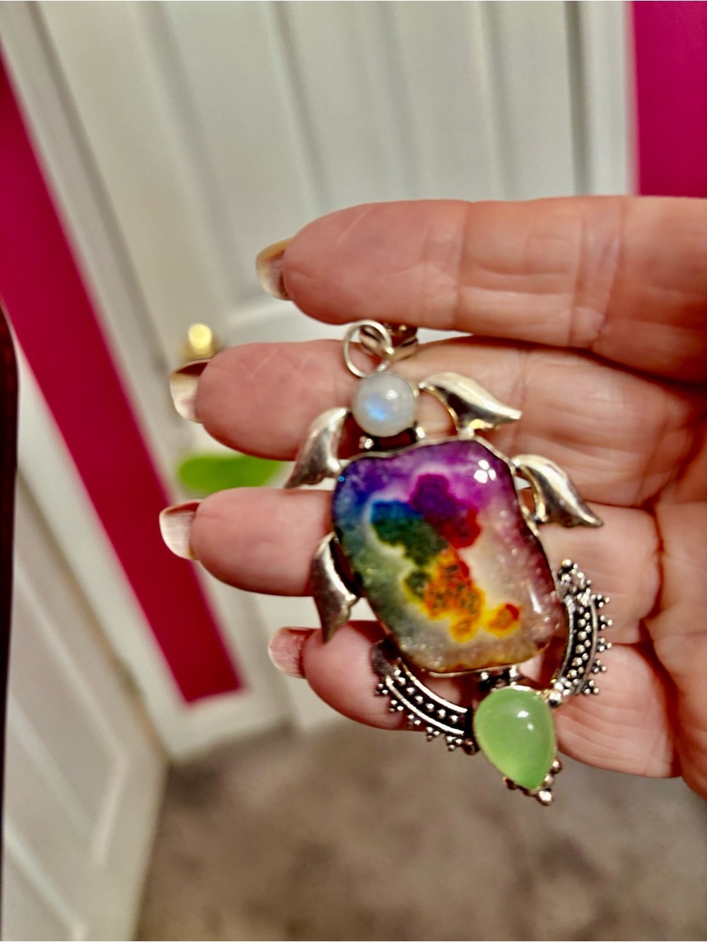 NEW 925 Silver Multicolor Solar& Quartz, Green Chalcedony, Moonstone Pendant